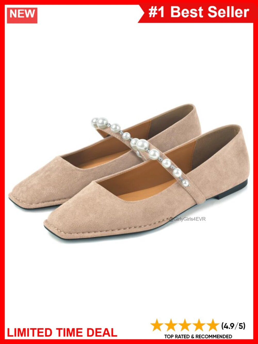 Suede Square Toe Ballet Flats Pearl Strap Mary Jane Shoes